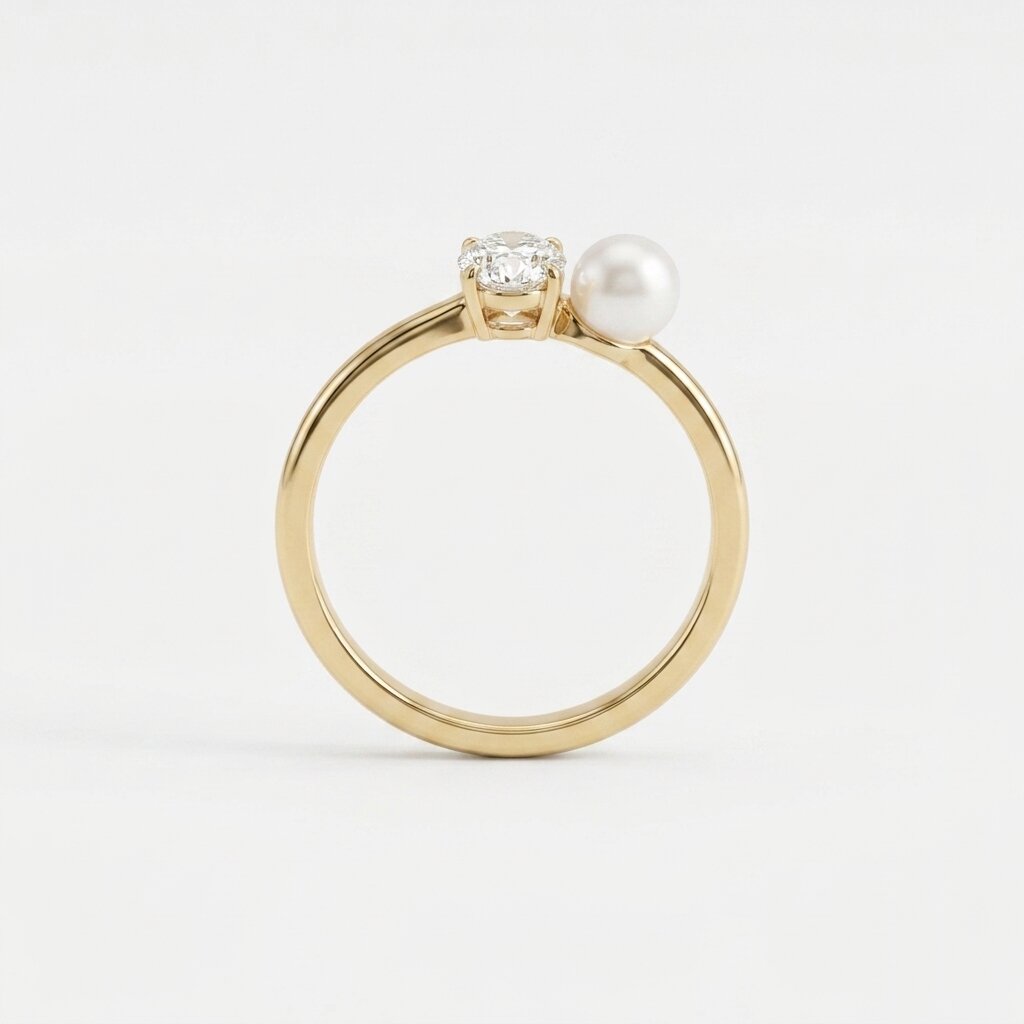 Moissanite & Pearl Engagement Ring, Oval Moissanite Ring, 14K Gold Minimalist Promise Ring, Modern Bridal Jewelry, June Birthstone