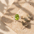 Oval Peridot Engagement Ring, 14K Gold Diamond Leaf Ring, Nature Inspired Promise Ring, Alternative Bridal Jewelry, August Birthstone