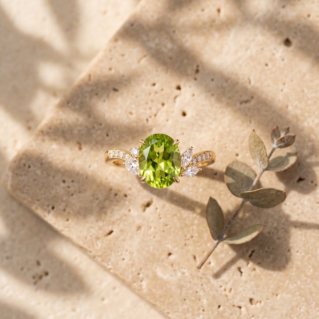 Oval Peridot Engagement Ring, 14K Gold Diamond Leaf Ring, Nature Inspired Promise Ring, Alternative Bridal Jewelry, August Birthstone