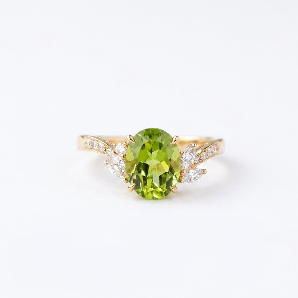 Oval Peridot Engagement Ring, 14K Gold Diamond Leaf Ring, Nature Inspired Promise Ring, Alternative Bridal Jewelry, August Birthstone