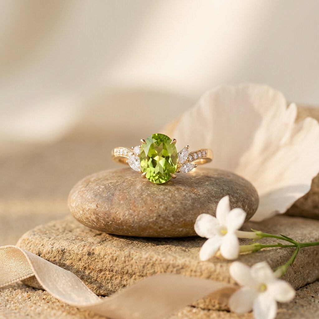 Oval Peridot Engagement Ring, 14K Gold Diamond Leaf Ring, Nature Inspired Promise Ring, Alternative Bridal Jewelry, August Birthstone