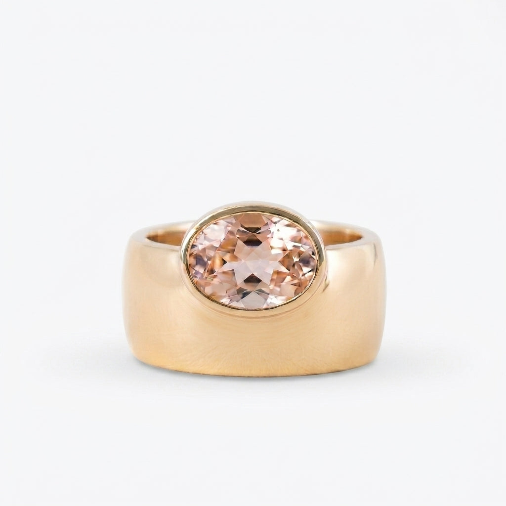 Oval Morganite Off-Set Engagement Ring, Bezel Set Solitaire Ring, Wide Gold Band Ring, Statement Jewelry, Peach Pink Gemstone Ring Gifts