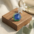 14k Gold Tanzanite Halo Engagement Ring, Cushion Cut Tanzanite Ring, Emerald Accent Ring, Anniversary Ring, Statement Ring Personalized Ring The Jewel Temple