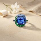 14k Gold Tanzanite Halo Engagement Ring, Cushion Cut Tanzanite Ring, Emerald Accent Ring, Anniversary Ring, Statement Ring Personalized Ring The Jewel Temple