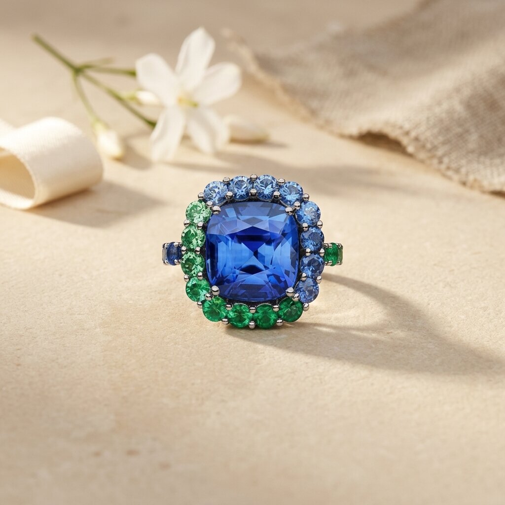 14k Gold Tanzanite Halo Engagement Ring, Cushion Cut Tanzanite Ring, Emerald Accent Ring, Anniversary Ring, Statement Ring Personalized Ring The Jewel Temple