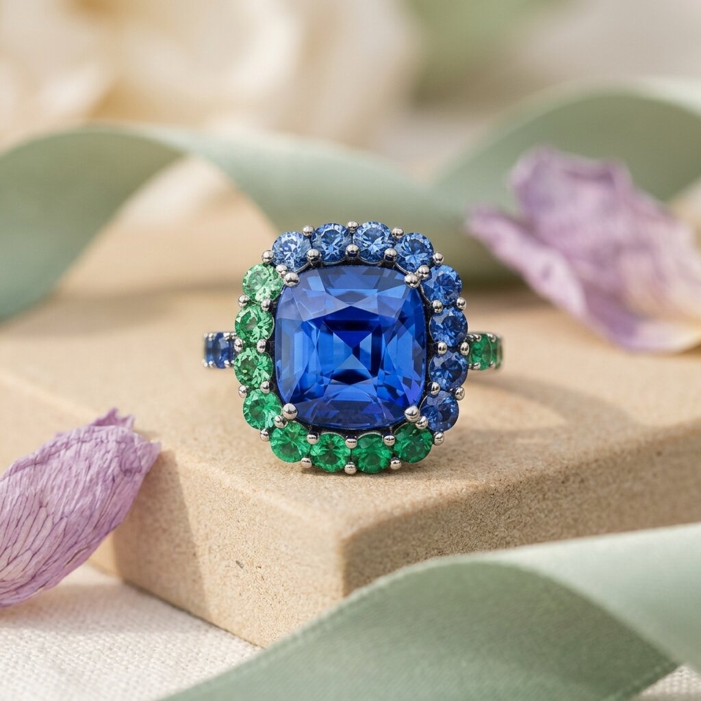 14k Gold Tanzanite Halo Engagement Ring, Cushion Cut Tanzanite Ring, Emerald Accent Ring, Anniversary Ring, Statement Ring Personalized Ring The Jewel Temple