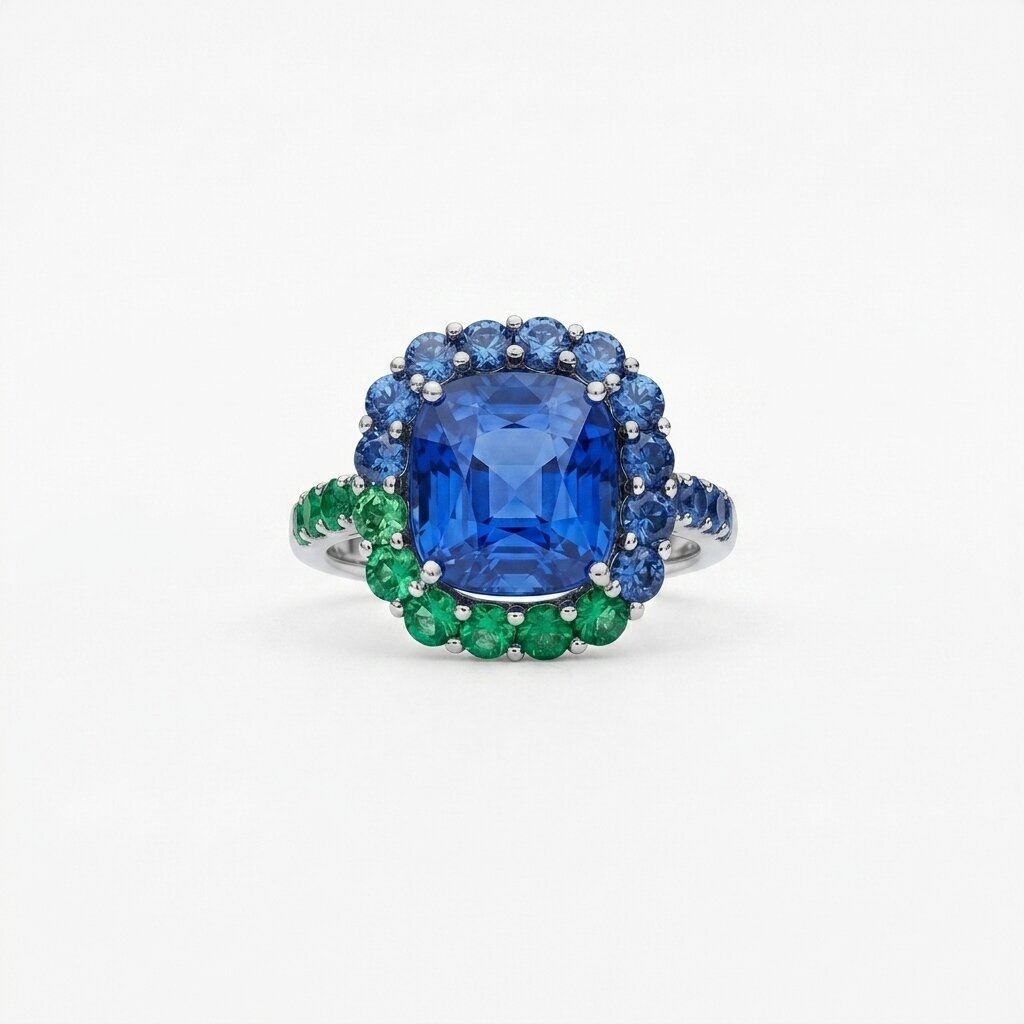14k Gold Tanzanite Halo Engagement Ring, Cushion Cut Tanzanite Ring, Emerald Accent Ring, Anniversary Ring, Statement Ring Personalized Ring The Jewel Temple