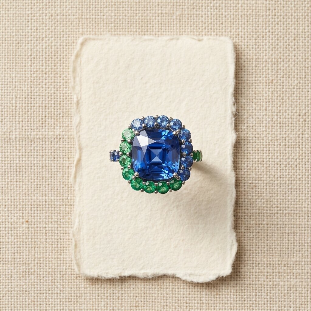 14k Gold Tanzanite Halo Engagement Ring, Cushion Cut Tanzanite Ring, Emerald Accent Ring, Anniversary Ring, Statement Ring Personalized Ring The Jewel Temple