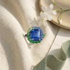 14k Gold Tanzanite Halo Engagement Ring, Cushion Cut Tanzanite Ring, Emerald Accent Ring, Anniversary Ring, Statement Ring Personalized Ring The Jewel Temple