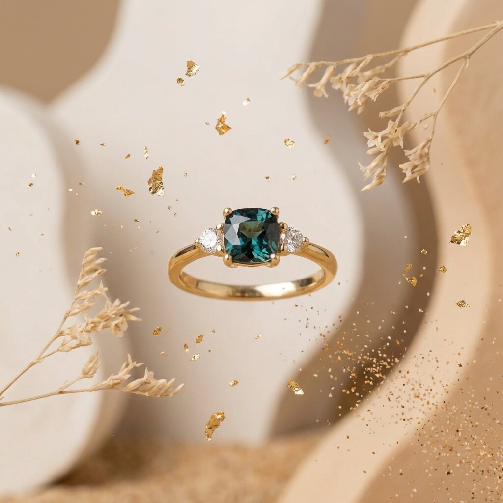 Teal Sapphire Cushion Cut Three Stone Ring | 14K Gold Engagement Bridal Jewelry