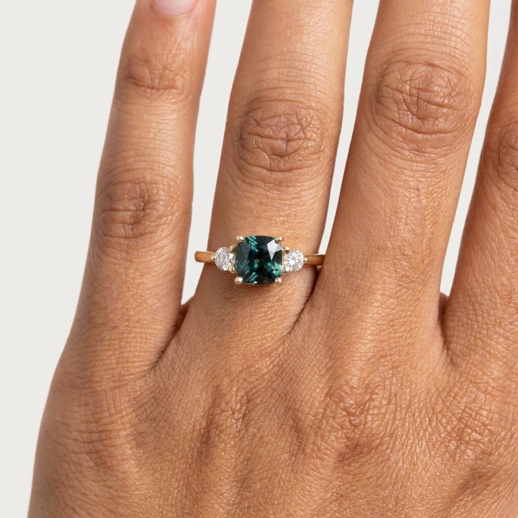 Teal Sapphire Cushion Cut Three Stone Ring | 14K Gold Engagement Bridal Jewelry