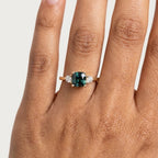 Teal Sapphire Cushion Cut Three Stone Ring | 14K Gold Engagement Bridal Jewelry