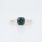Teal Sapphire Cushion Cut Three Stone Ring | 14K Gold Engagement Bridal Jewelry