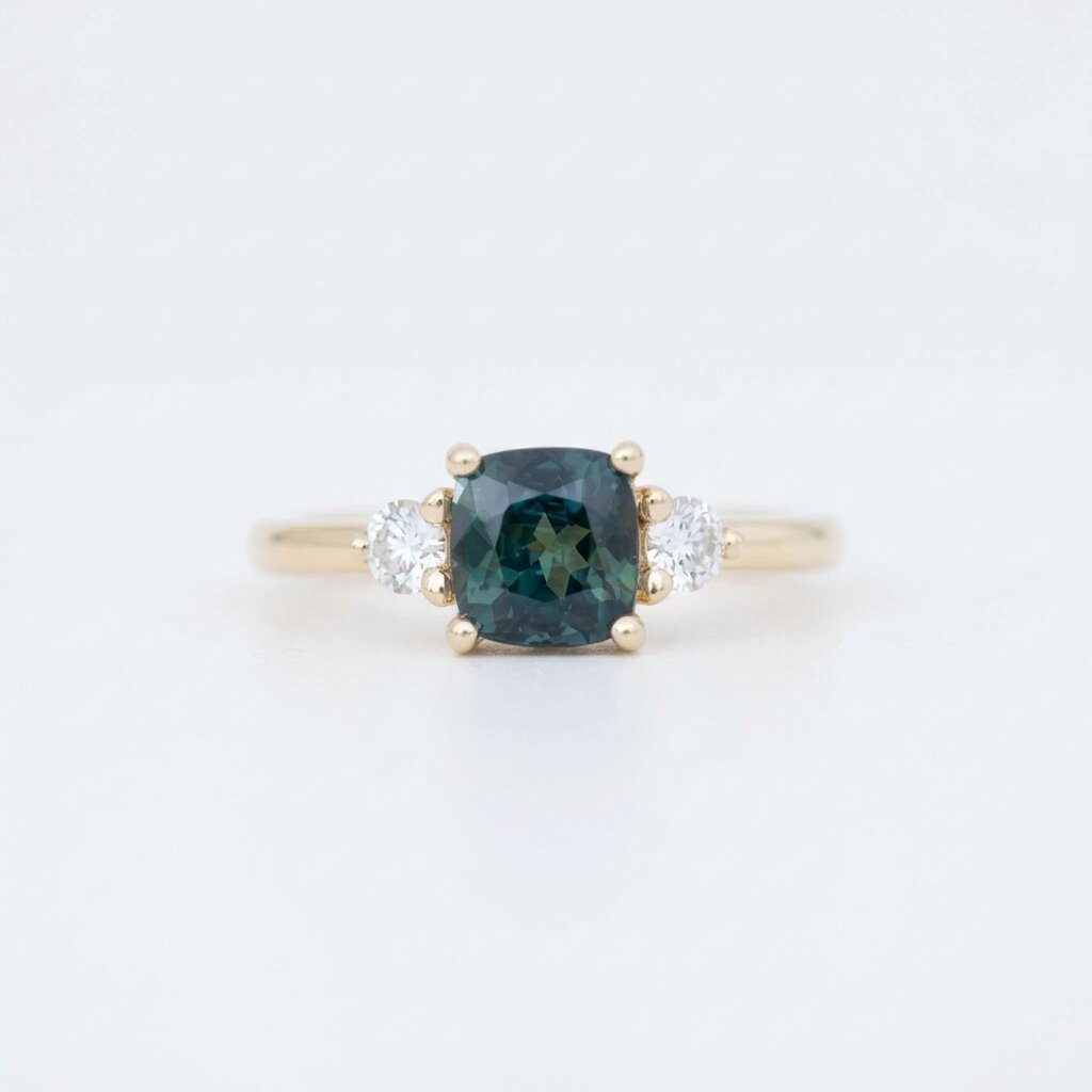Teal Sapphire Cushion Cut Three Stone Ring | 14K Gold Engagement Bridal Jewelry