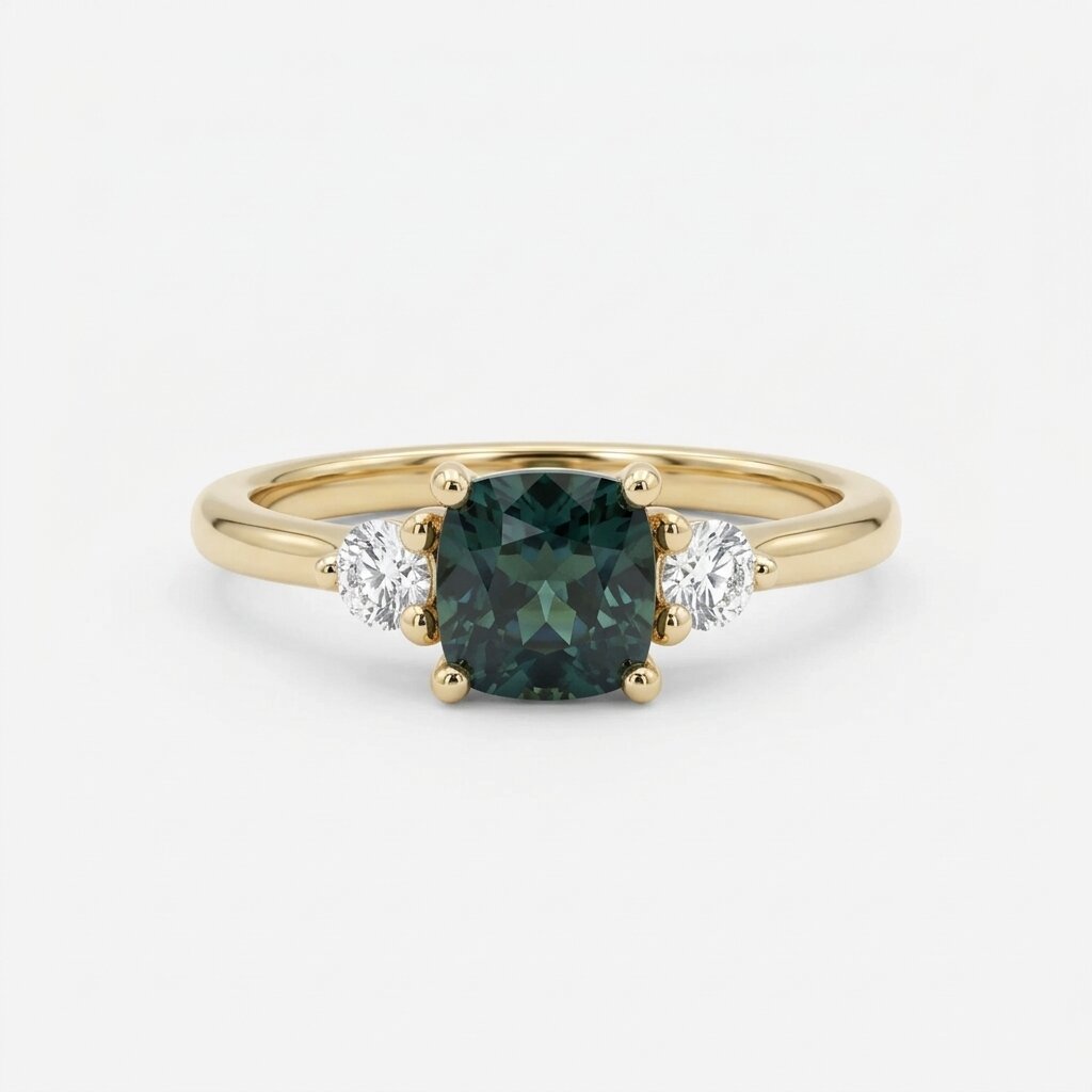 Teal Sapphire Cushion Cut Three Stone Ring | 14K Gold Engagement Bridal Jewelry