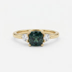 Teal Sapphire Cushion Cut Three Stone Ring | 14K Gold Engagement Bridal Jewelry
