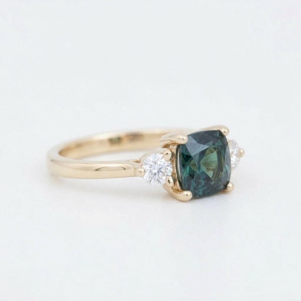 Teal Sapphire Cushion Cut Three Stone Ring | 14K Gold Engagement Bridal Jewelry