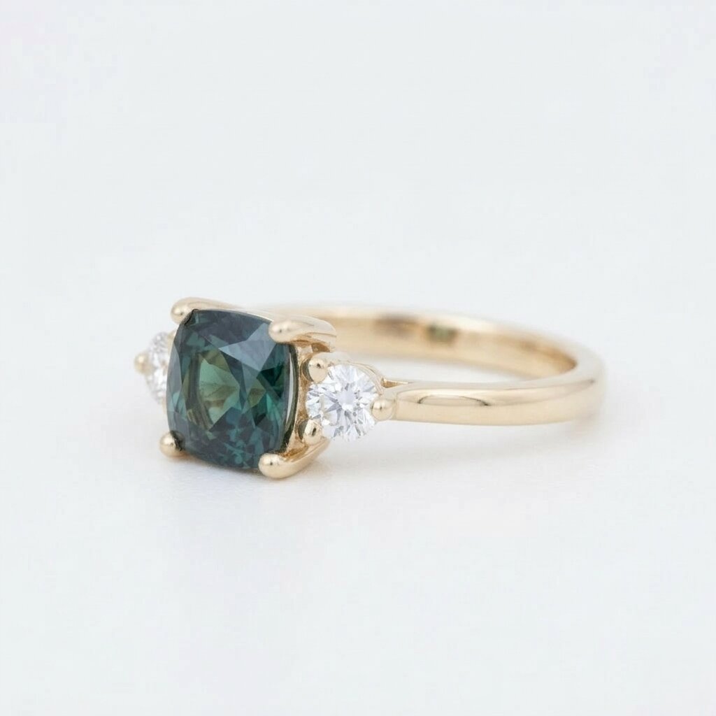 Teal Sapphire Cushion Cut Three Stone Ring | 14K Gold Engagement Bridal Jewelry