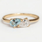 14k Gold Toi et Moi Aquamarine Diamond Ring, Pear Cut Two Stone Promise