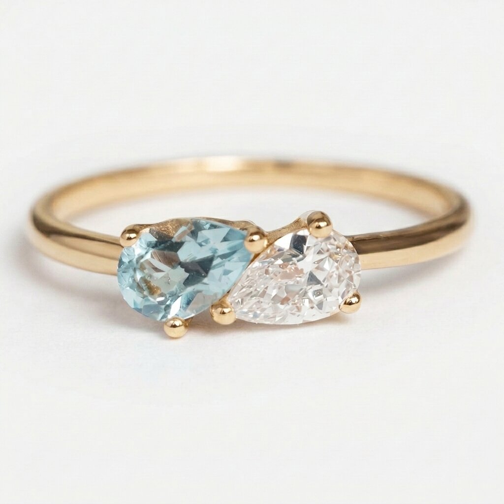 14k Gold Toi et Moi Aquamarine Diamond Ring, Pear Cut Two Stone Promise