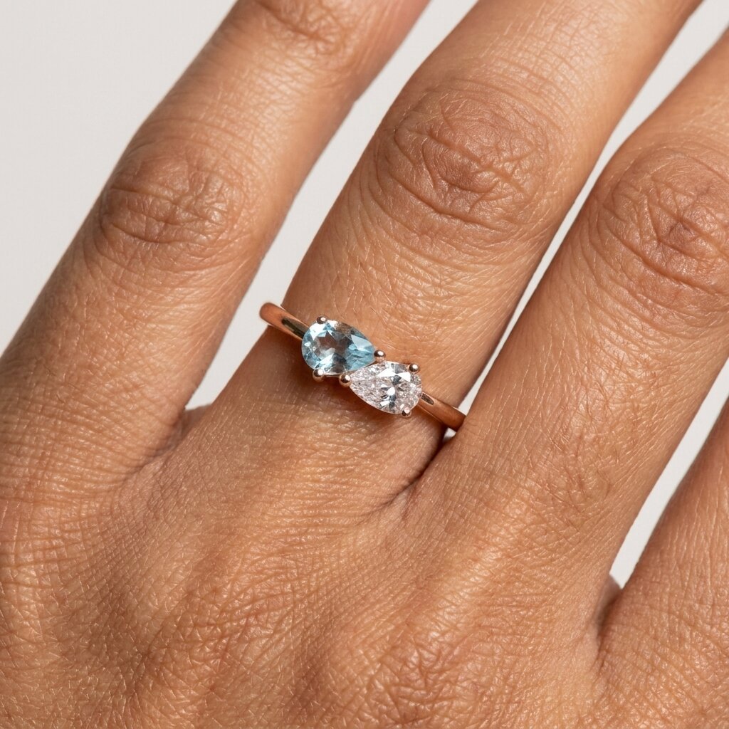 14k Gold Toi et Moi Aquamarine Diamond Ring, Pear Cut Two Stone Promise