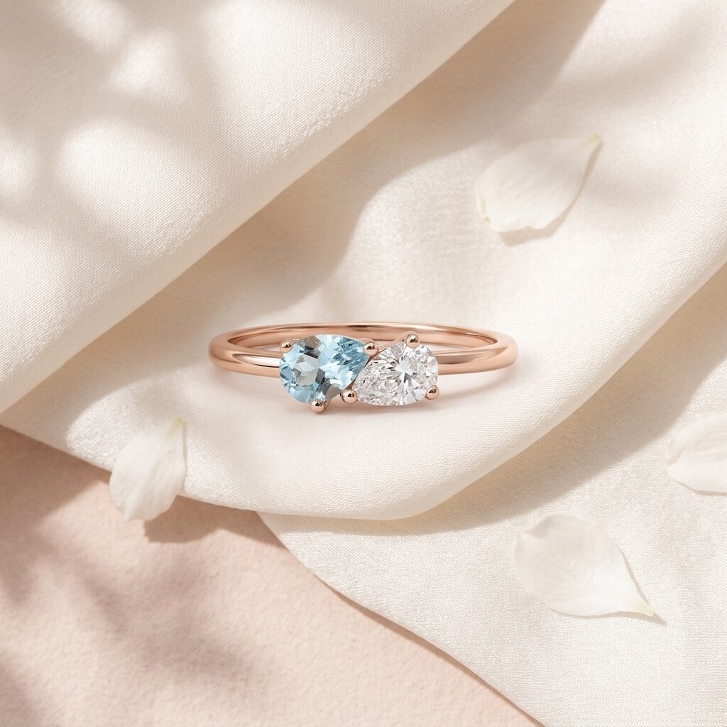 14k Gold Toi et Moi Aquamarine Diamond Ring, Pear Cut Two Stone Promise