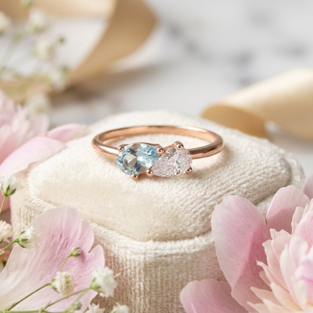 14k Gold Toi et Moi Aquamarine Diamond Ring, Pear Cut Two Stone Promise