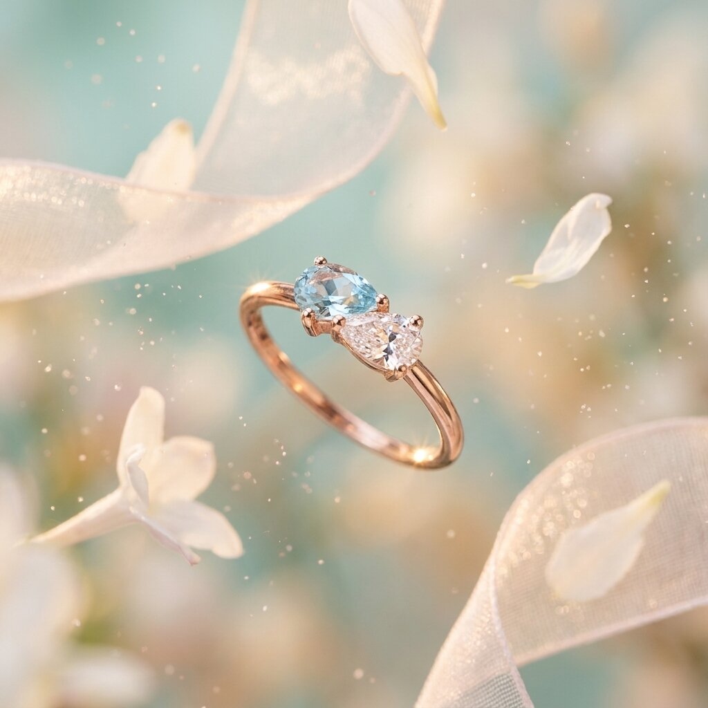 14k Gold Toi et Moi Aquamarine Diamond Ring, Pear Cut Two Stone Promise