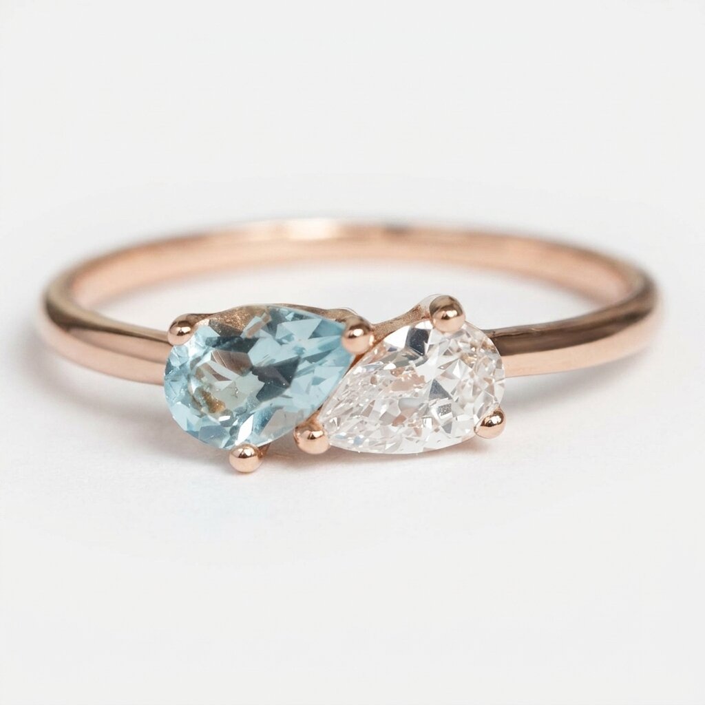 14k Gold Toi et Moi Aquamarine Diamond Ring, Pear Cut Two Stone Promise