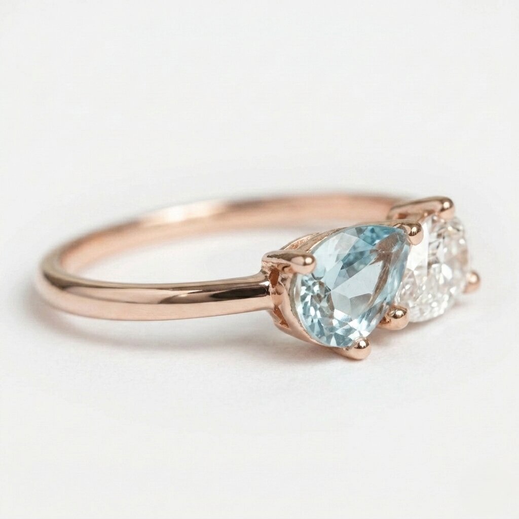 14k Gold Toi et Moi Aquamarine Diamond Ring, Pear Cut Two Stone Promise