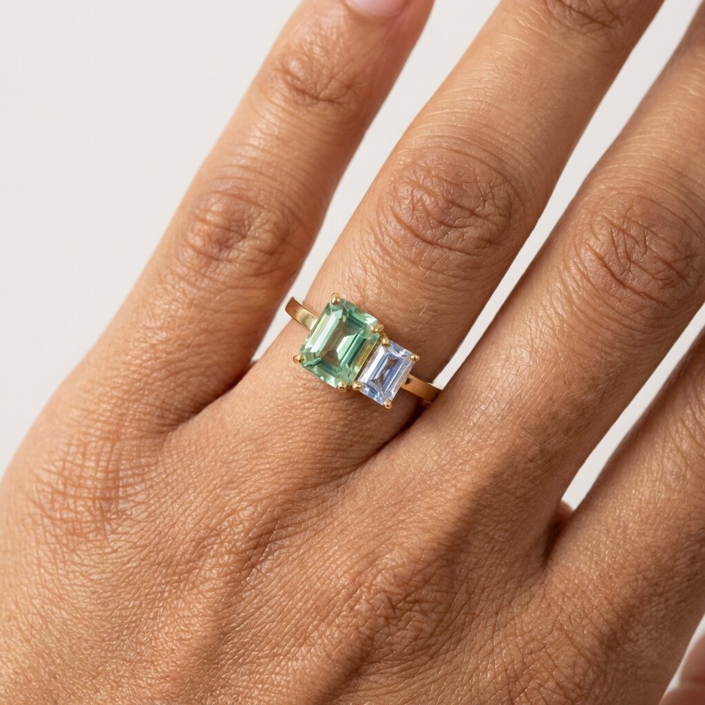 Toi Et Moi Emerald Cut Green Tourmaline Sapphire Ring, Solid Gold Bridal Band