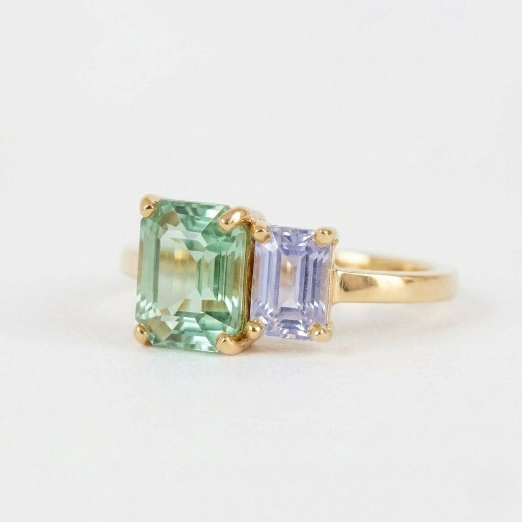 Toi Et Moi Emerald Cut Green Tourmaline Sapphire Ring, Solid Gold Bridal Band