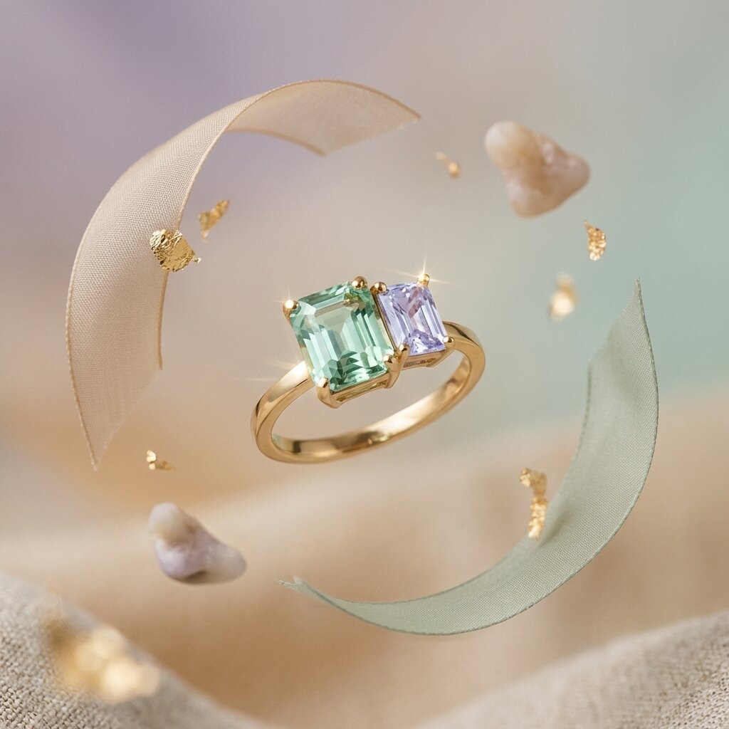 Toi Et Moi Emerald Cut Green Tourmaline Sapphire Ring, Solid Gold Bridal Band