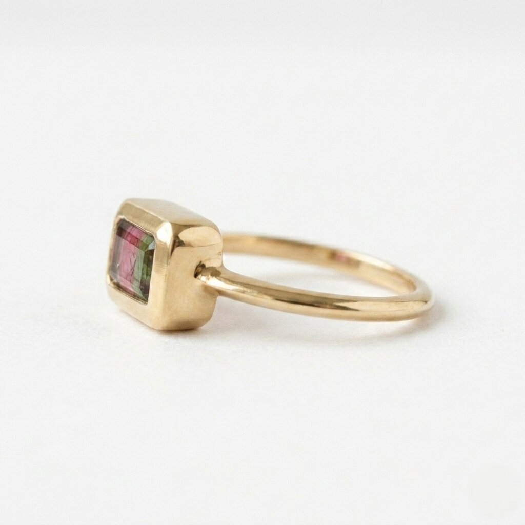 14k Gold Bi-Color Watermelon Tourmaline Emerald Cut Ring, Bezel Set Band