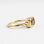 14k Gold Bi-Color Watermelon Tourmaline Emerald Cut Ring, Bezel Set Band
