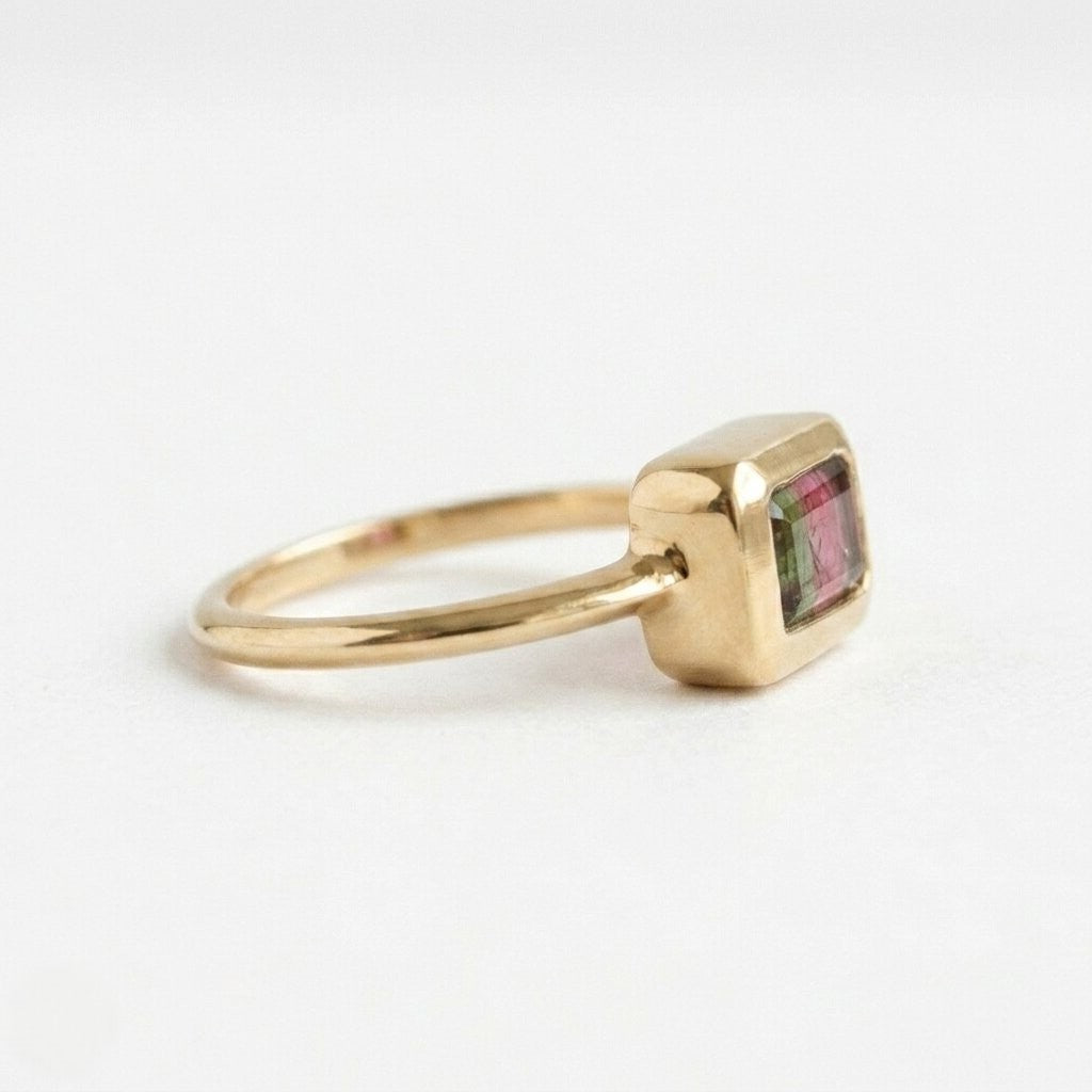14k Gold Bi-Color Watermelon Tourmaline Emerald Cut Ring, Bezel Set Band