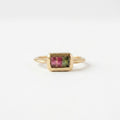 14k Gold Bi-Color Watermelon Tourmaline Emerald Cut Ring, Bezel Set Band