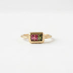 14k Gold Bi-Color Watermelon Tourmaline Emerald Cut Ring, Bezel Set Band