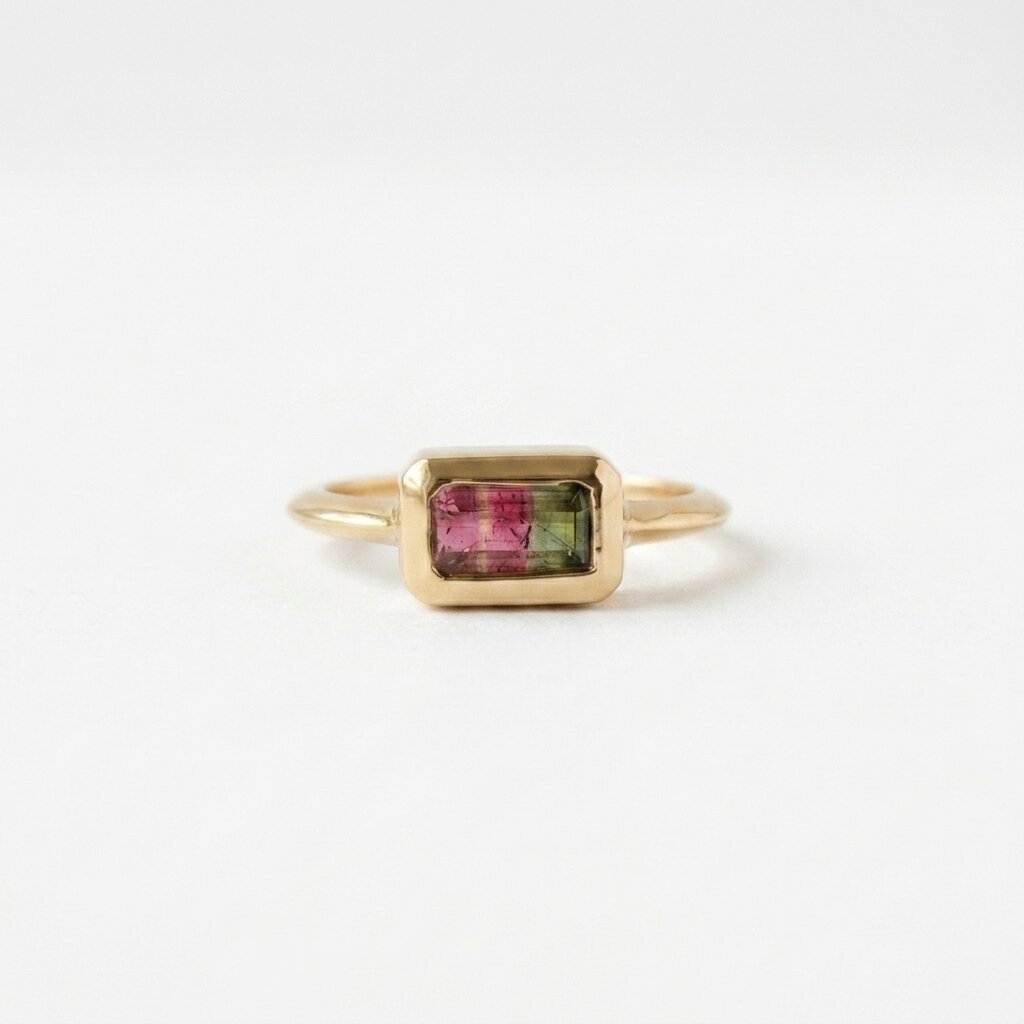 14k Gold Bi-Color Watermelon Tourmaline Emerald Cut Ring, Bezel Set Band