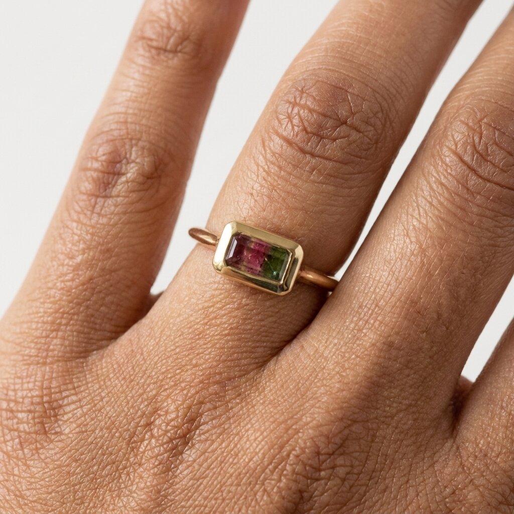 14k Gold Bi-Color Watermelon Tourmaline Emerald Cut Ring, Bezel Set Band