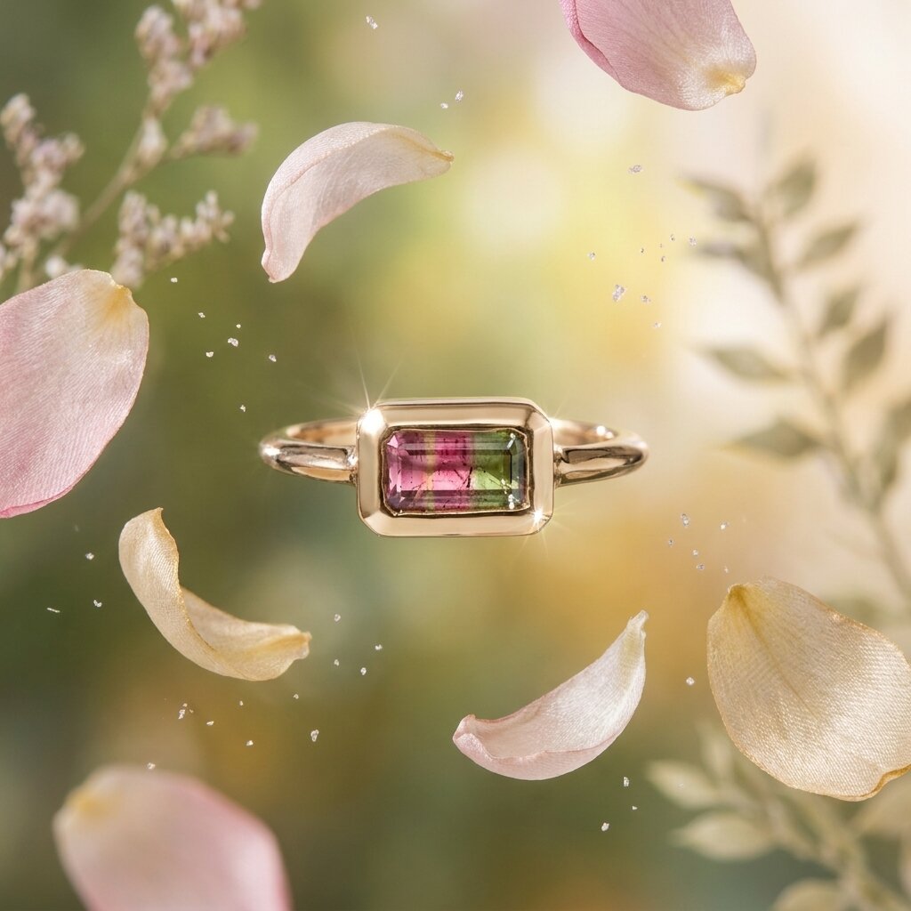 14k Gold Bi-Color Watermelon Tourmaline Emerald Cut Ring, Bezel Set Band