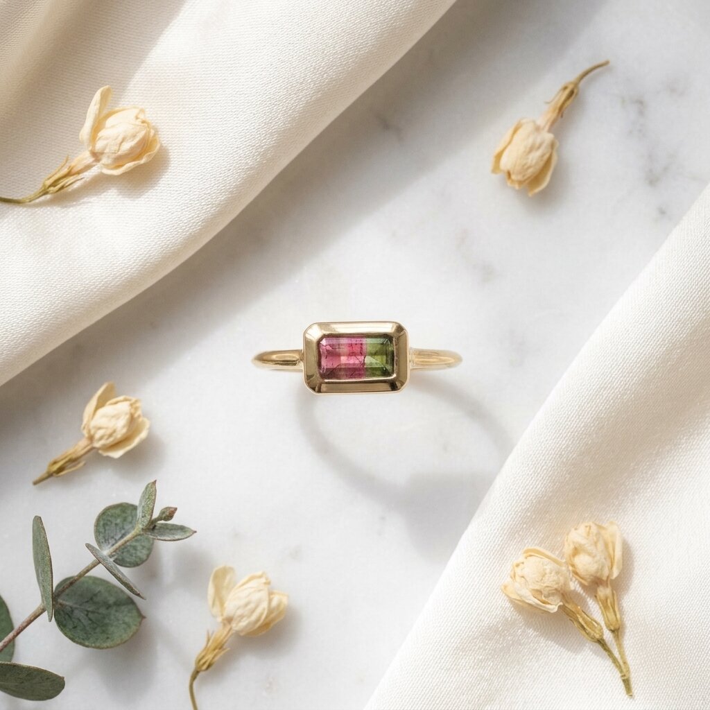 14k Gold Bi-Color Watermelon Tourmaline Emerald Cut Ring, Bezel Set Band