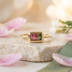 14k Gold Bi-Color Watermelon Tourmaline Emerald Cut Ring, Bezel Set Band