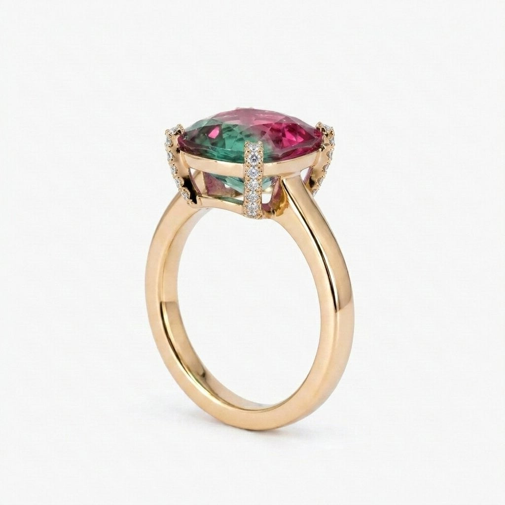 Bi-Color Watermelon Tourmaline Cushion Cut Engagement Ring, Gold Band Statement Jewelry