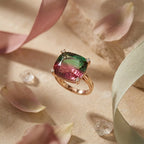 Bi-Color Watermelon Tourmaline Cushion Cut Engagement Ring, Gold Band Statement Jewelry