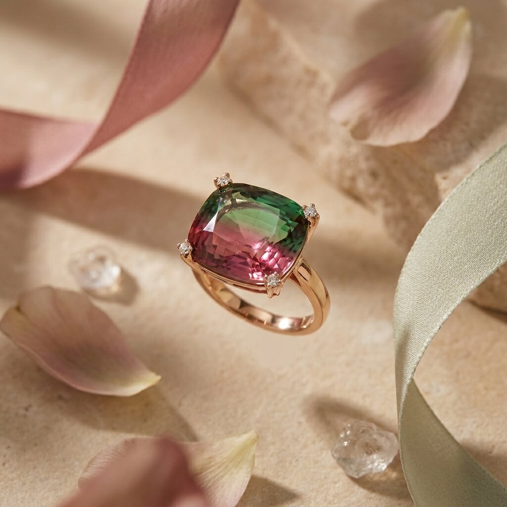 Bi-Color Watermelon Tourmaline Cushion Cut Engagement Ring, Gold Band Statement Jewelry