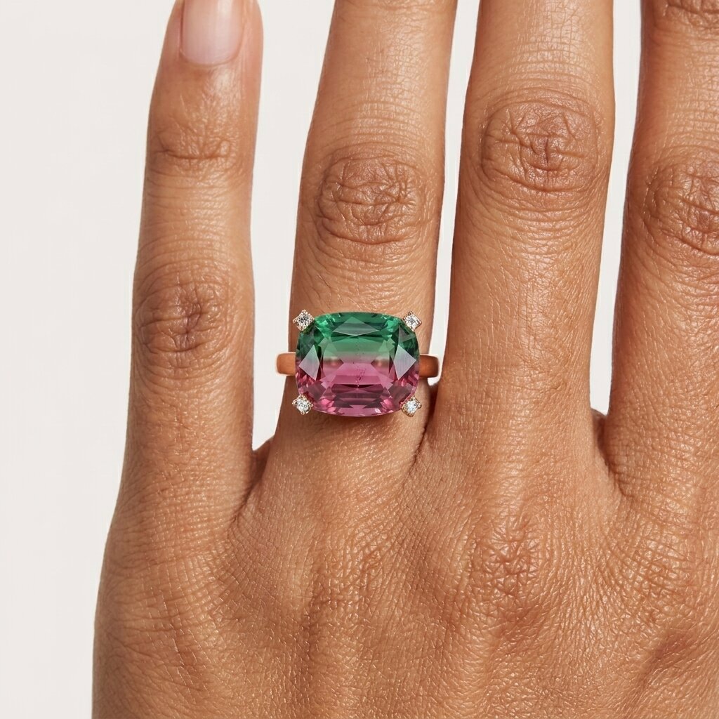 Bi-Color Watermelon Tourmaline Cushion Cut Engagement Ring, Gold Band Statement Jewelry