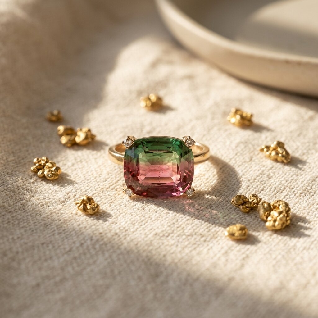 Bi-Color Watermelon Tourmaline Cushion Cut Engagement Ring, Gold Band Statement Jewelry