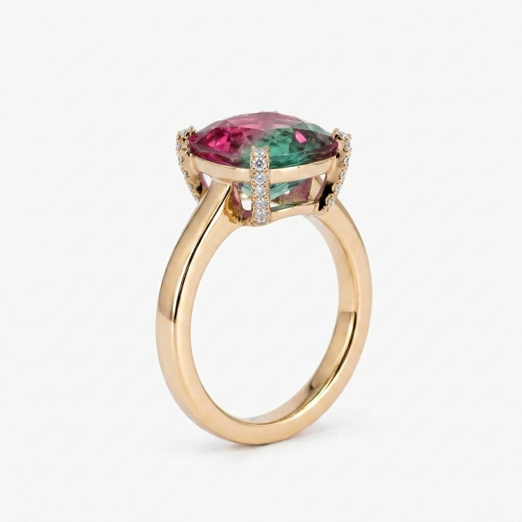 Bi-Color Watermelon Tourmaline Cushion Cut Engagement Ring, Gold Band Statement Jewelry
