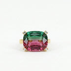 Bi-Color Watermelon Tourmaline Cushion Cut Engagement Ring, Gold Band Statement Jewelry